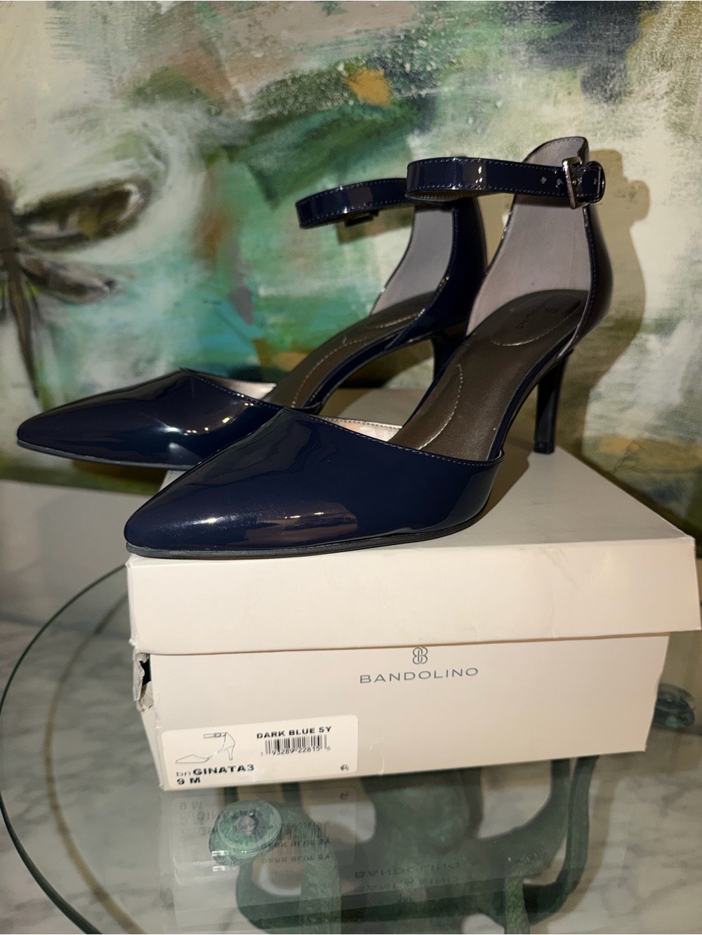 Bandolino Navy Patent Pointed Ankle-Strap Pumps